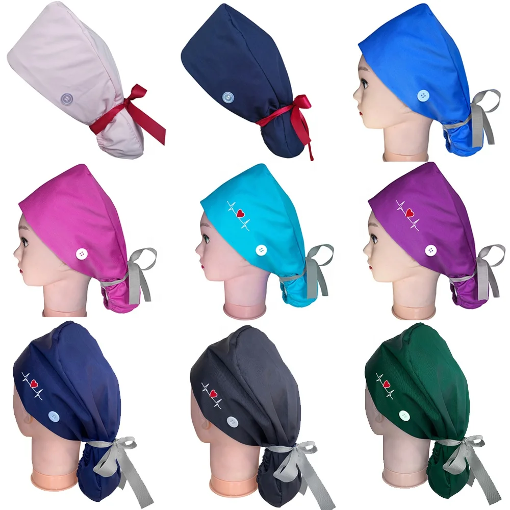 

Custom Women Solid Color Hat Polyester Cotton Printing Hat Hospital Adjustable For Long Hair Nurse Working Scrub Hat, Customized color