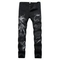 

Wholesale Skull laser pattern blue biker jeans trousers man destoryed Striped Denim rip new printed jean Pants for men