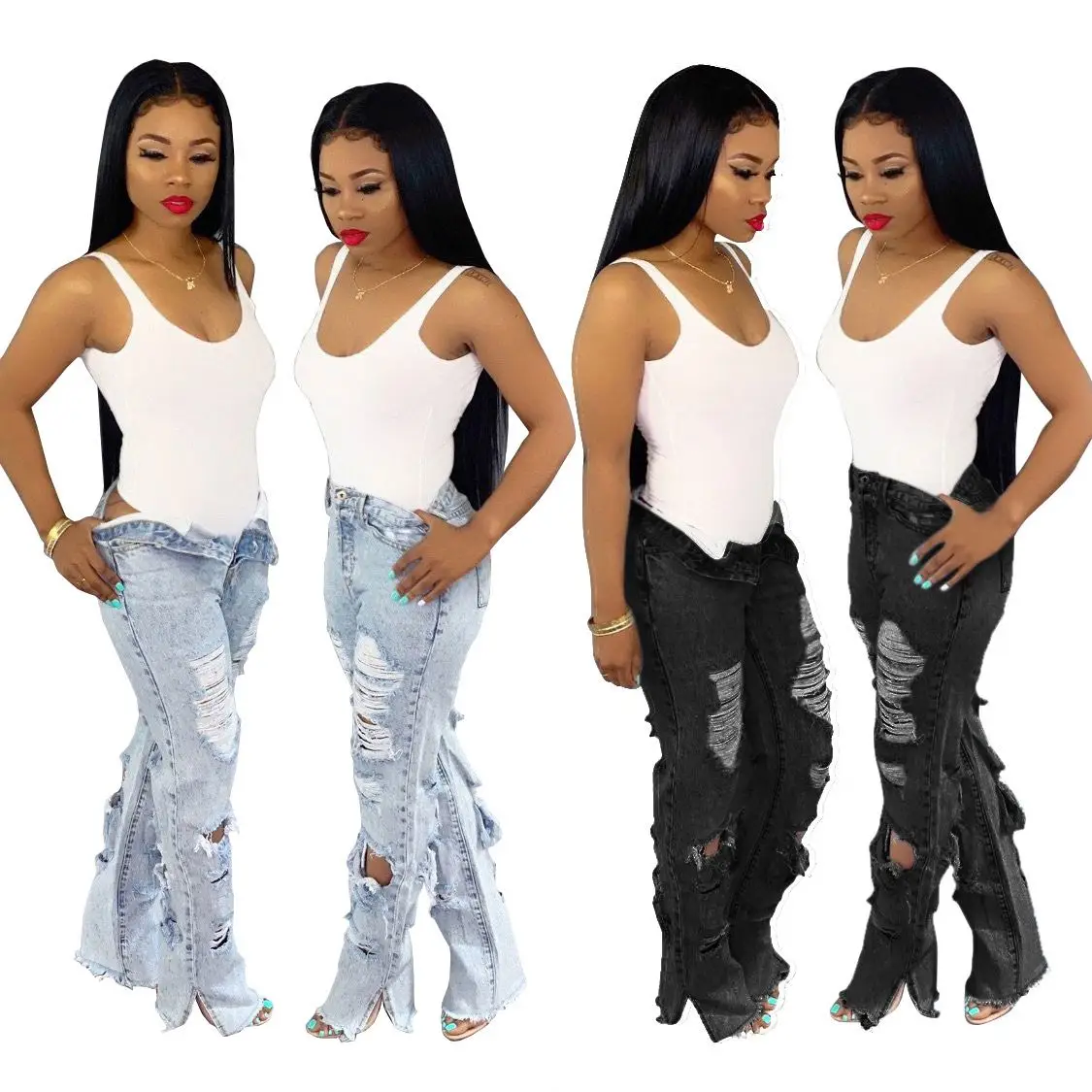 

2020 Fashion Front And Back Holes Straight Tube Trousers Women's Ripped Ladies Jeans Stacked Pants, As pictures