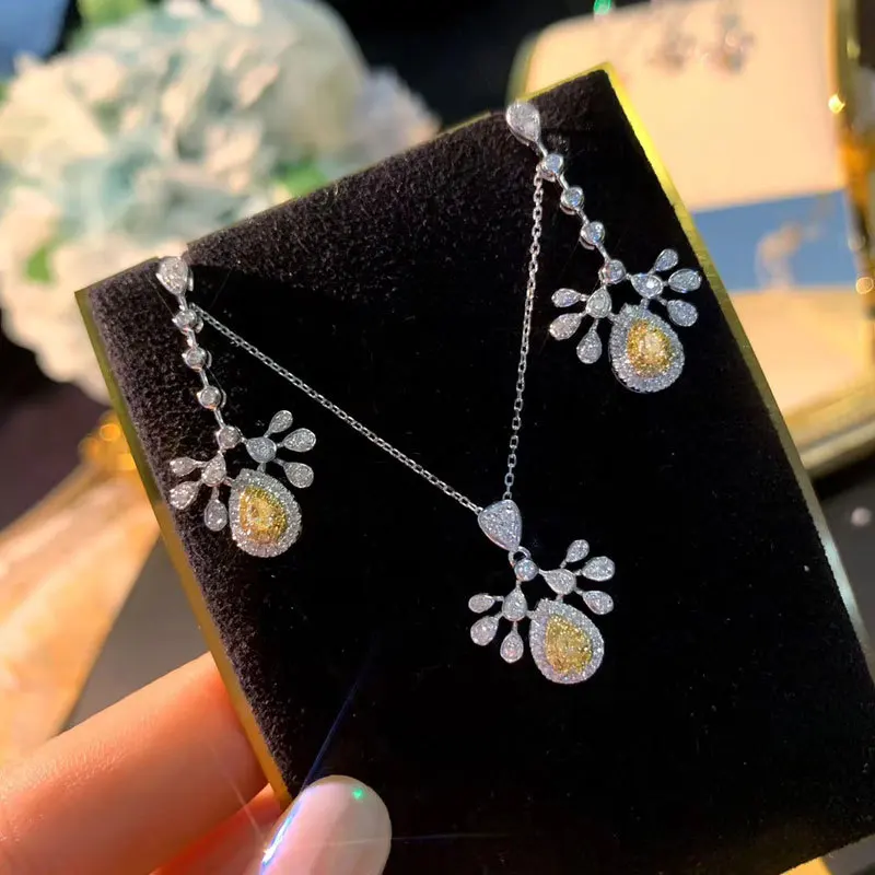 

Ladies Cute Jewelry Sets With Water Drop Zircon Stone Neck Chains Earrings Wedding Accessories Female Set, Picture shows
