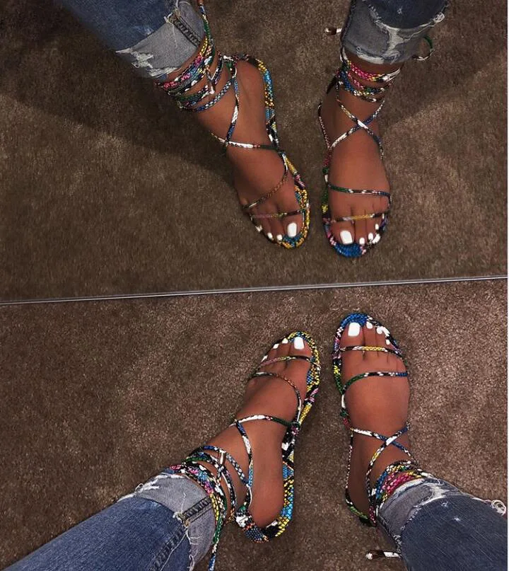 

SD-076 2019 latest snake skin print sole transparent PVC sandals cross strap roman style vintage lace up beach sandals women