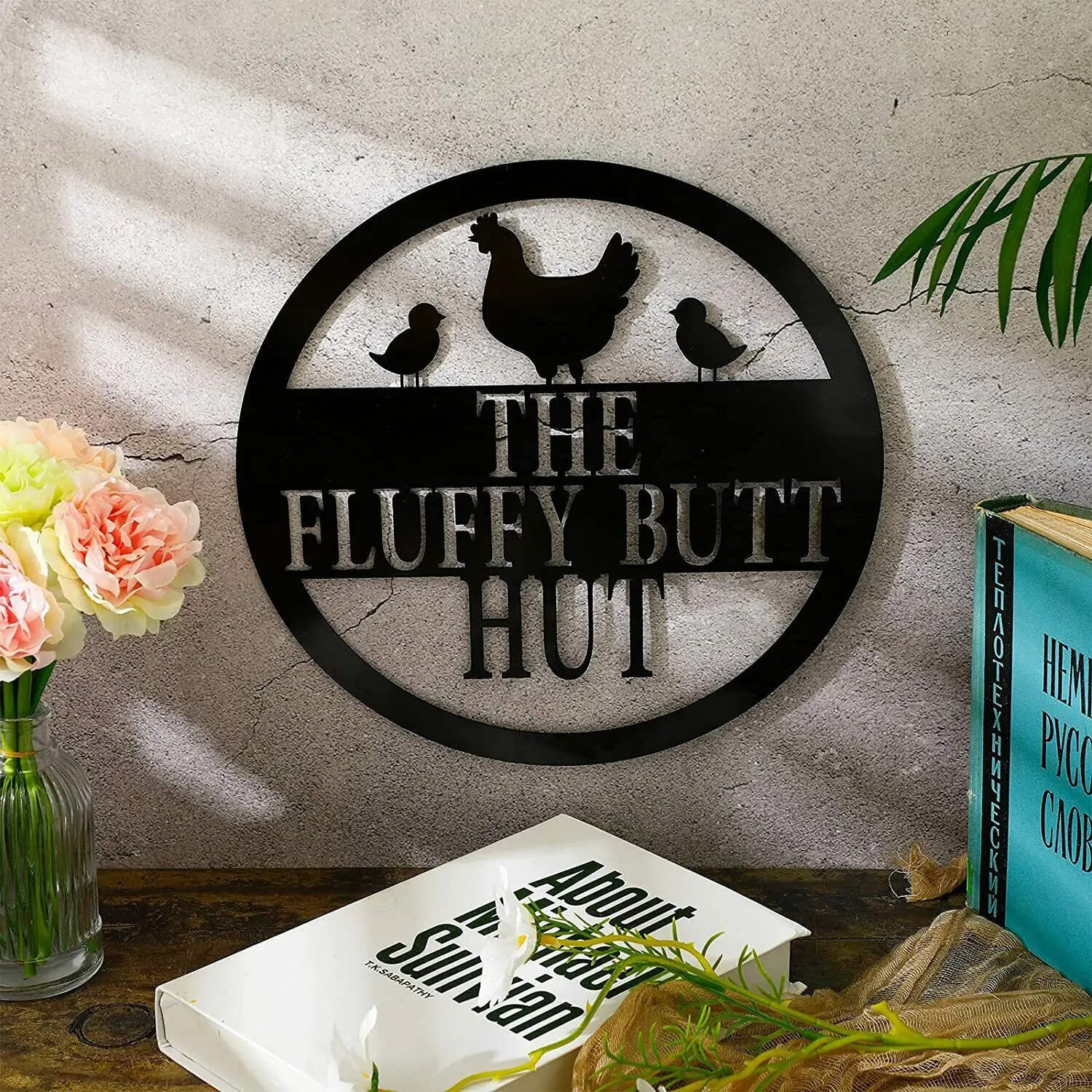 

Chicken Coop Sign Fluffy Butt Hut Metal Sign Funny Chicken Coop Decor TY2522, Black