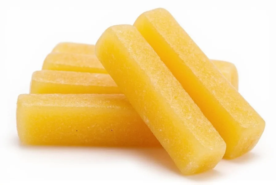 Close-up of sugar free ginger chews showing natural texture and packaging with ingredient list