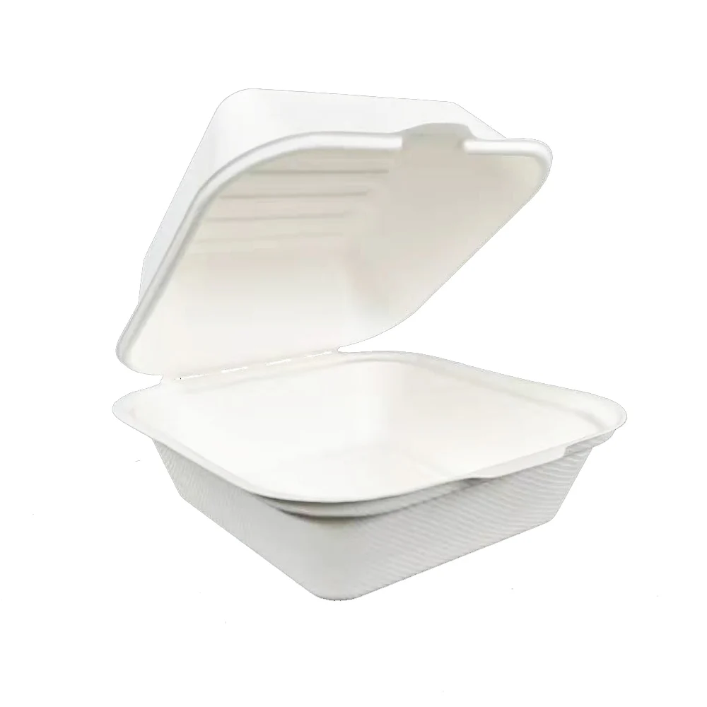 

Biodegradable 6 inch burger box Sugarcane bagasse Disposable takeaway Fast food Hamburger box, White/natural