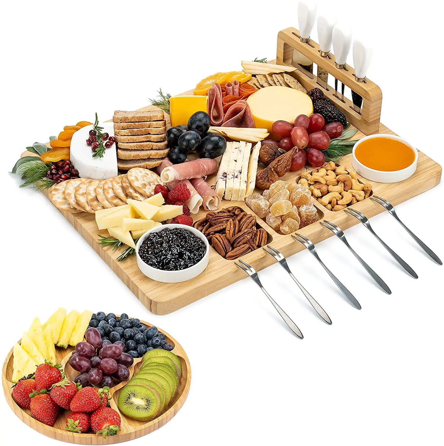 

Oem chopping cheeseboard charcuterie acacia cutting bamboo cheese board set and knife set with cutlery in slide-out, Natural