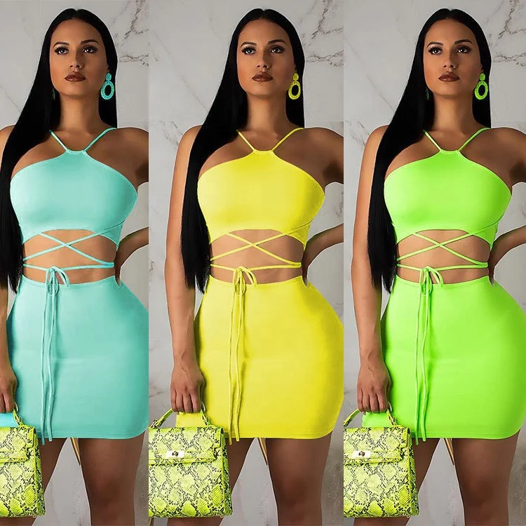 Wholesale Trendy women clothes sexy halter neck strappy two Piece clothing set bandage Outfit bodycon 2 Piece skirt Set