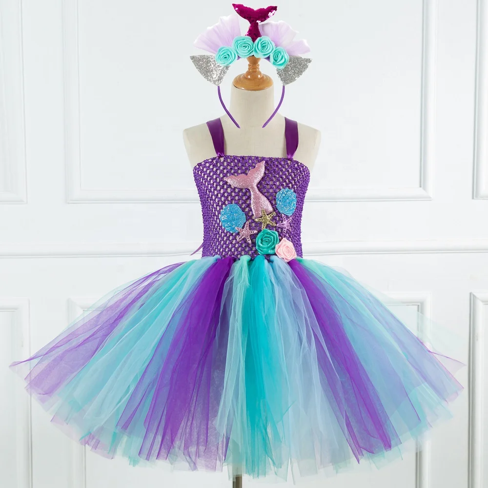 

Kids Girl Princess Dress Costume Little Mermaid Ariel Cosplay Wear For Birthday, Blue, purple
