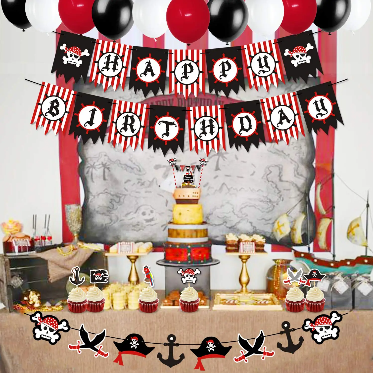 Pirate Theme Birthday Party Supplies Baby Shower Happy Birthday Banner Pirate Balloons Cake Topper for Boys Kids Children 1st 2nd 3rd 4th Birthday Geloar Pirate Birthday Party Decorations Black