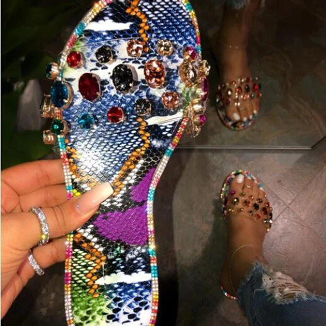 

2020 Amazon Hot Saling Ladies Slippers Women Flat Sandals Bling Diamond Slides With Bright Rhinestone