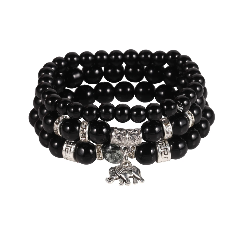 

3pcs/set Men Bracelets 6mm 8mm Charm Stretch Classic Jewelry Rope Chakra Elephant Black Glass Beaded Bracelet Unisex