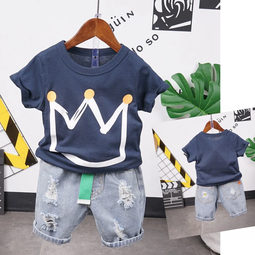 

New arrival summer Boys 2 Pieces Clothing Set short sleeve crown printed t shirt + jeans pants clothing set for kids, Picture shows