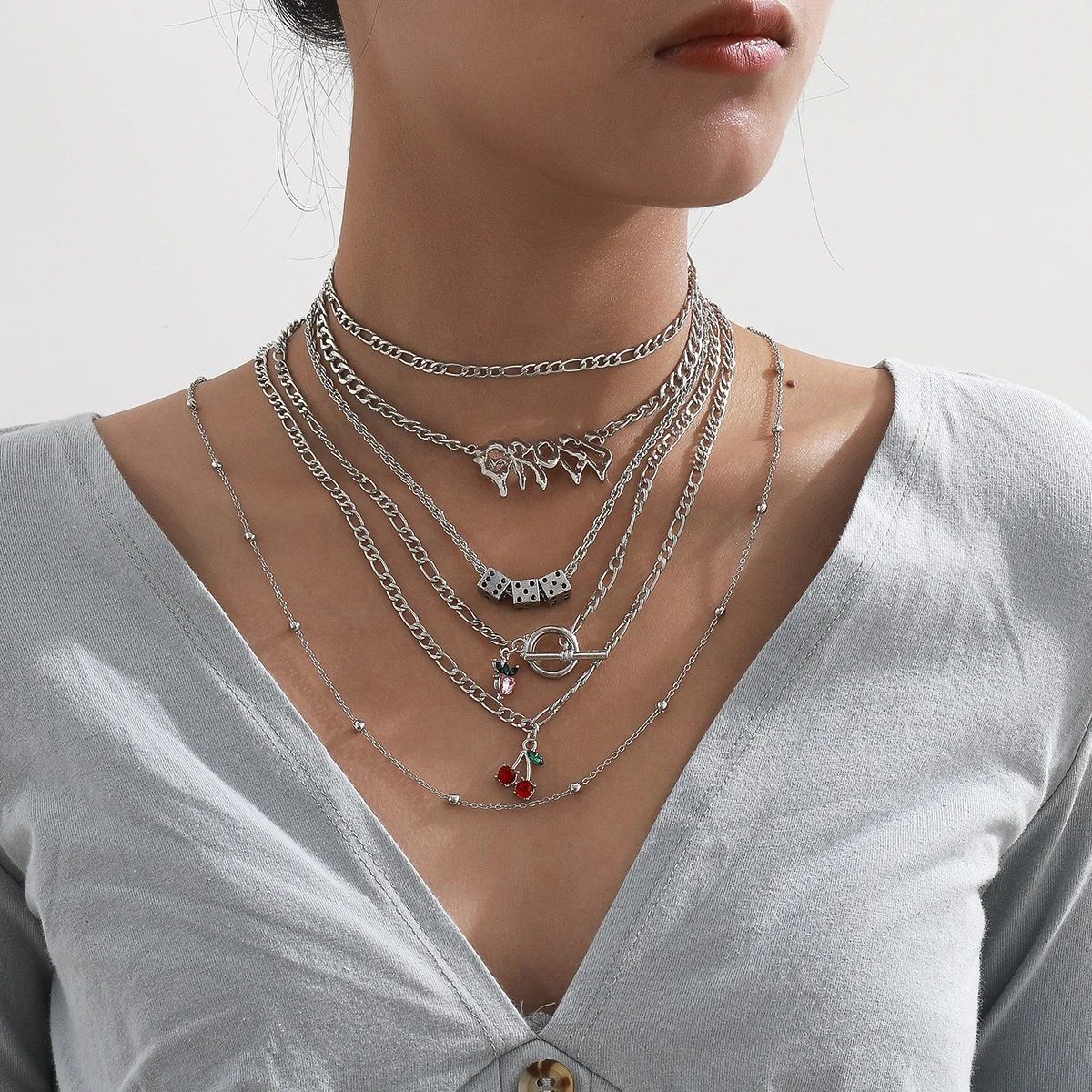 

Women Multi-layer Cherry Pendant Necklace Hyperbole Letters Choker Necklaces for Women Silver Color Metal Jewelry, Picture shows