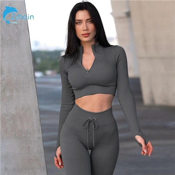 

Fast Shipping Sexy Chest Stand Collar Long Sleeve Bodycon GYM Crop Top Ribbed Seamless Sport Pants Yoga Set, In available