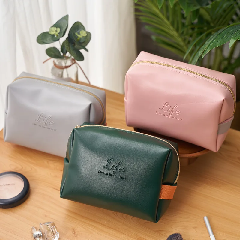 

2021 Newest Fashion PU Leather Waterproof Large Capacity Portable Travel Wash Cosmetic Storage Bag, Dark green,pink,gray