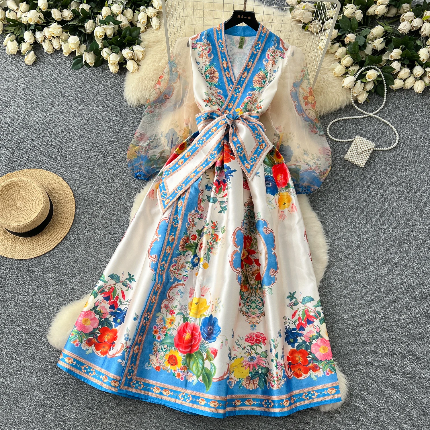 V Neck Tie Waist Mesh Lantern Sleeve Printed Dress