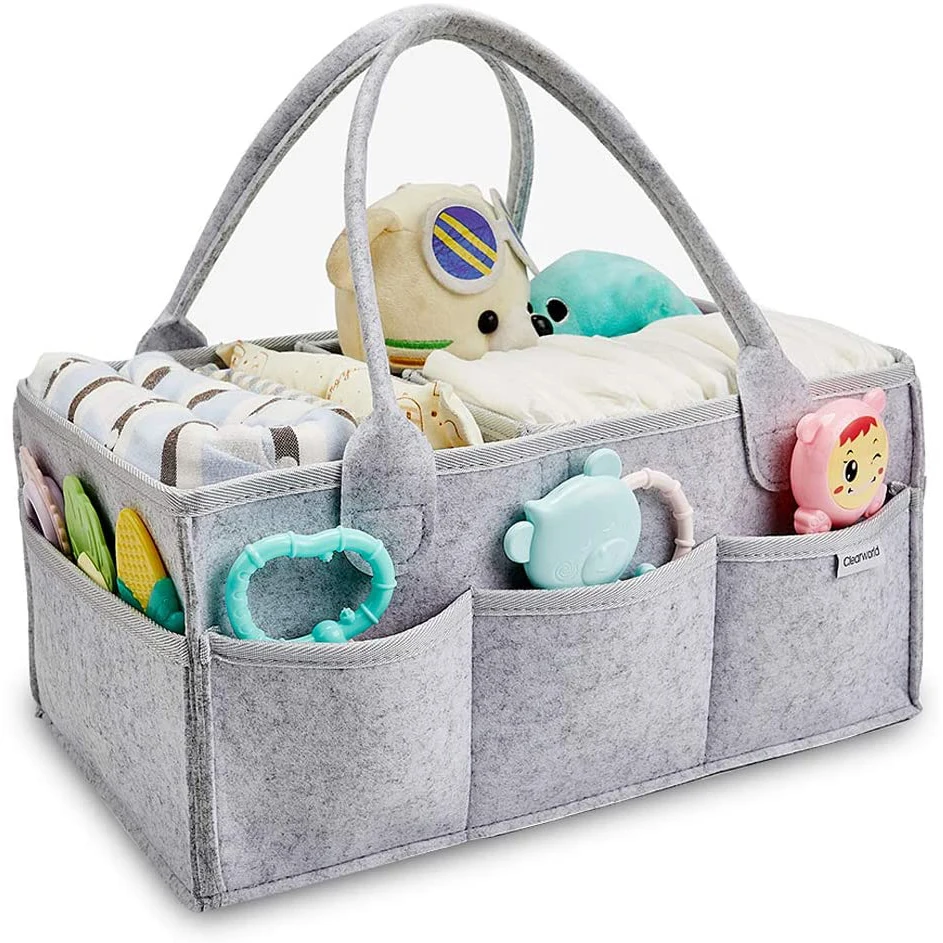 

Portable Table Nursery Storage Basket Bin Felt Baby Diaper Caddy Large Car Organizer Soft Felt Grey Nappy Bag with Multi Pockets, Dark grey , light grey