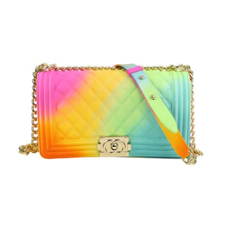 
Wholesale Women Candy Color Jelly Purses Handbag With Chain Girls Rainbow Luxury Jelly Crossbody bag Large Handbag For Ladies 