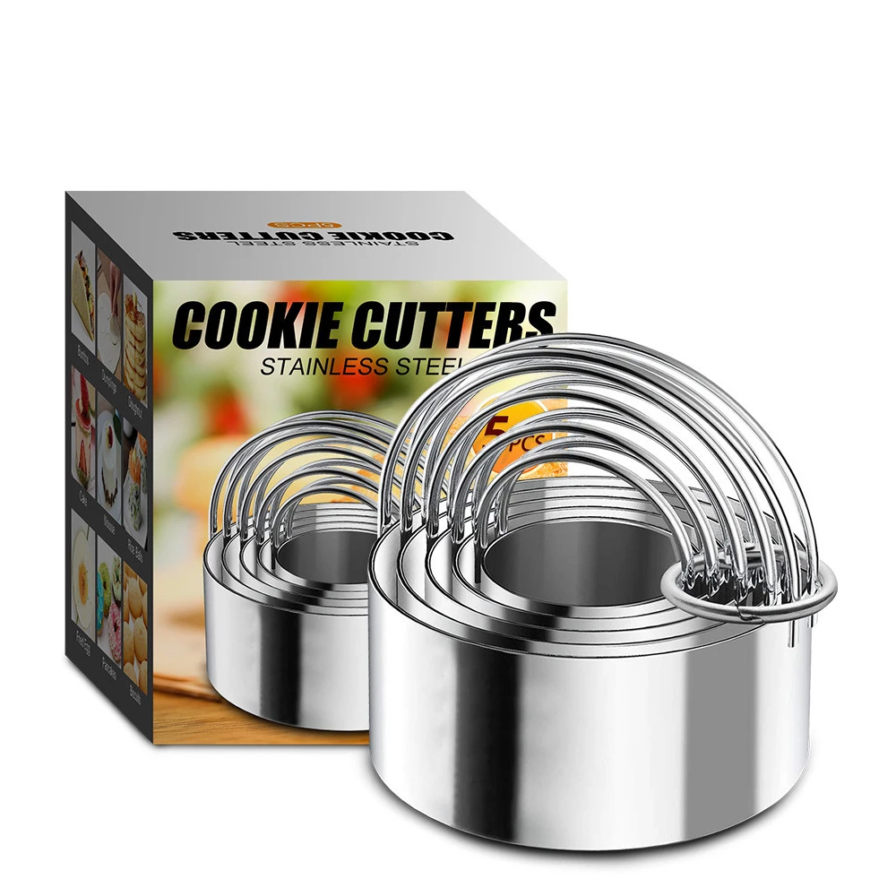 

Amazon 5 Pieces Cookie Cutters Round Cutters Stainless Steel Biscuit Cutter with Handle in Graduated Sizes Round Shape Molds, Silver