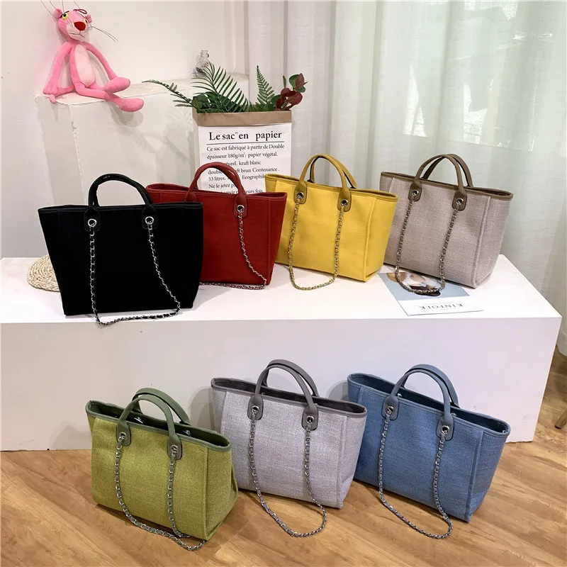 

2021 Rts Handbags Fashion Large Capacity Shoulder Women Canvas Beach Tote Bags Women Branded Hand Bag With Chain Sac A Main