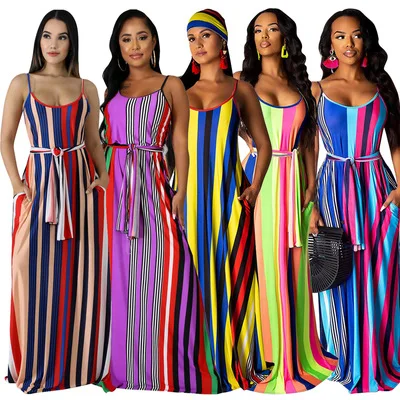 

Ecoparty Women Ladies Boho Sleeveless Striped Printed Halter Long Maxi Dress Summer Party Beach Holiday Casual Loose Sundress, As show