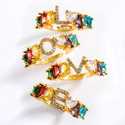 

New Fashion 18K Gold Plated Copper 24 English Alphabet Ring Adjustable Micro Pave Rainbow Cubic Zirconia Ring
