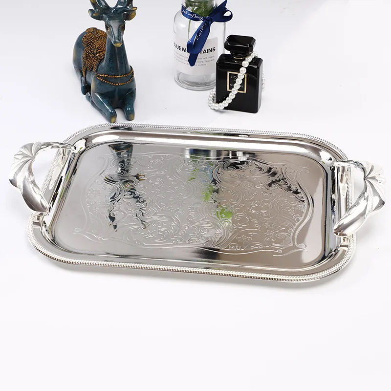 
European Style Custom Logo Galvanized Silver Stainless Steel Metal Fruit Serving Tray With Alloy Handles 