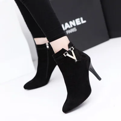 

Autumn and winter new high-heeled women's boots pointed toe stilettos side zipper nude boots short tube women's shoes