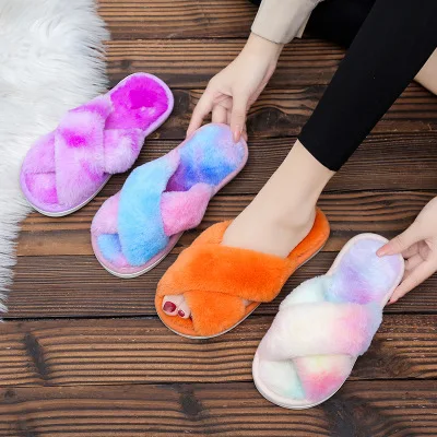 

Wholesale Women Fashion Fluffy Fur Plush Rainbow Tie Dye Cross Upper Furry House Bedroom indoor Slippers