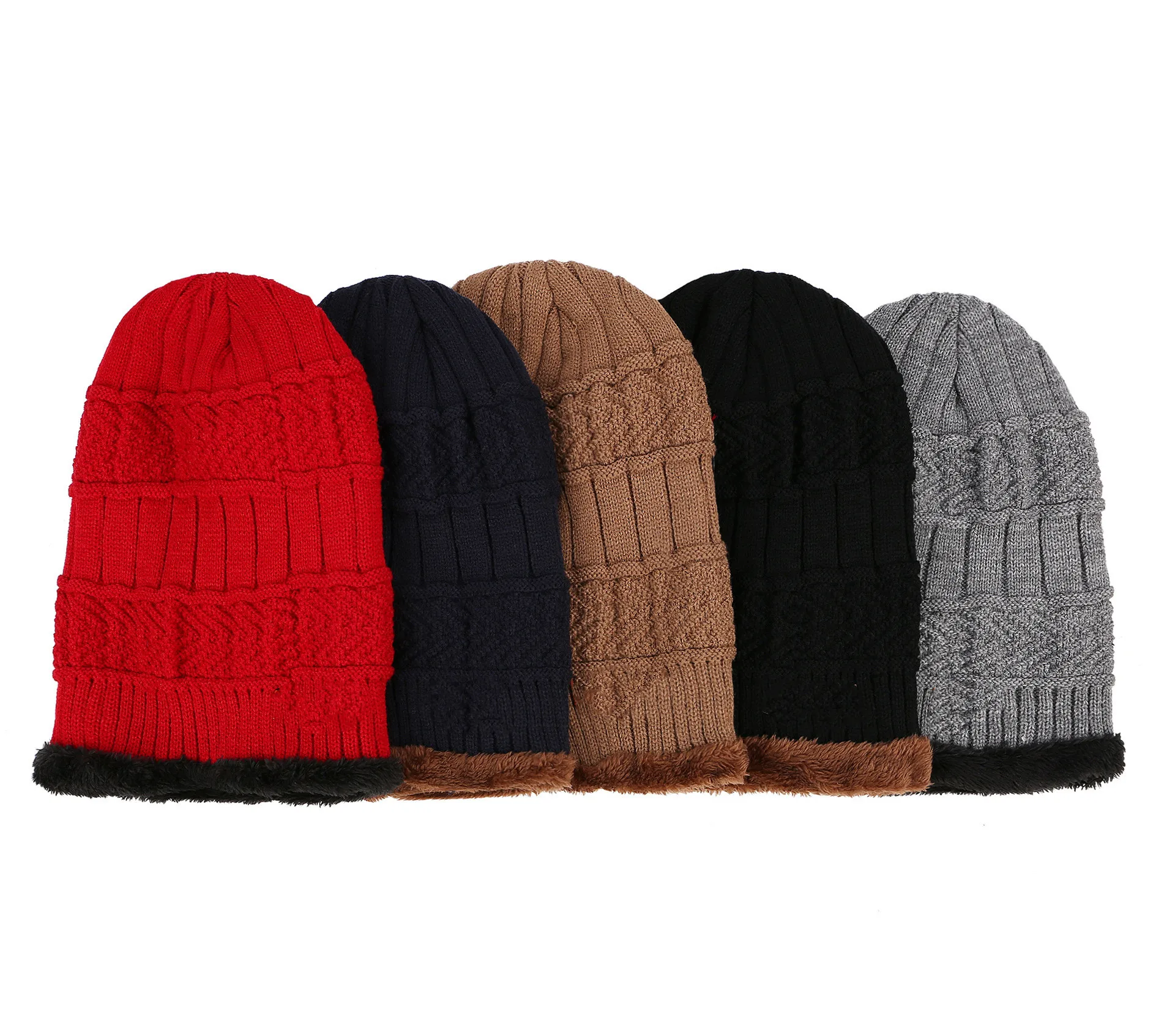 Winter Knitted Hat Scarf Set Warm Thicken Fleece Men Beanie Hat Scarf Set Solid Knit Windproof Outdoor Ski Cap Ring Scarf