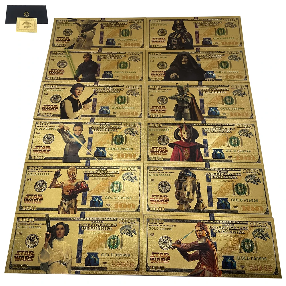 

12 Designs Master Yoda Anakin Skywalker Star Movie Characters Wars Card Gold Collection Banknote Cards For Fans Great Gift
