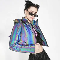 

Winter Wear Crop Top Holographic Reflective Rainbow Women Padding Jacket With Hood Sexy Club Wear for Female Jacketss