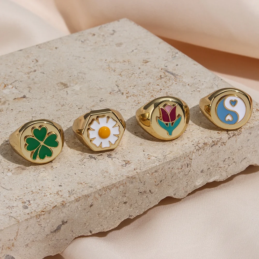 

New Designer Brass Tulip Daisy Clover Yin Yang 3D Enamel 14K Gold Chunky Rings For Women