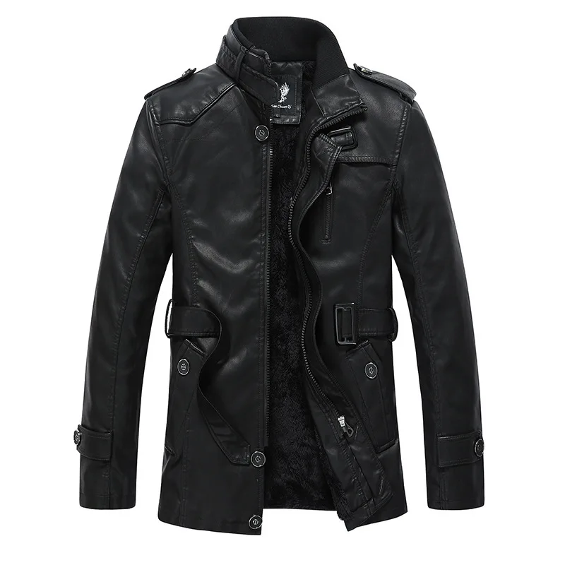 

2021 Men winter business long PU leather jacket fashion motorcycle slim coat male men leather coats, Black/red