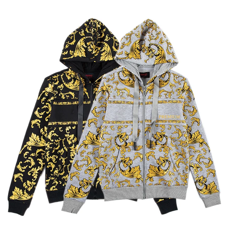 

JET FUEL Chaqueta Con Capucha Gold Floral Printing Hudi Front Zipper Pocket Hoodie Sweatshirt With Pouch