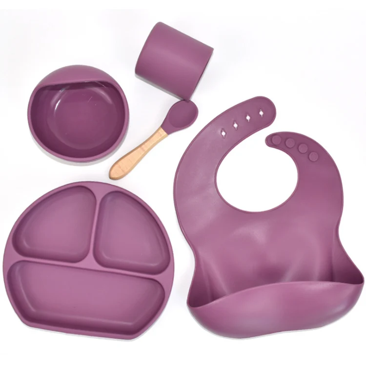 

High Quality Nonslip Lagre Food Grade Silicone Baby Feeding Bibs Bowl Spoon Set, Multi