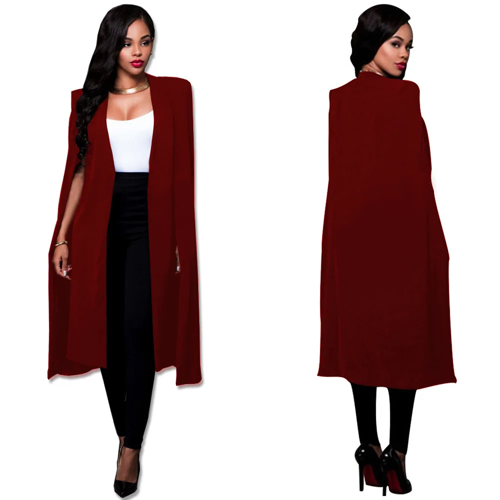 

new fall ladies collection features full-color long plus-size women's blazer with a cape