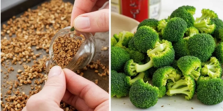 A mixing bowl with broccoli florets tossed in various spices