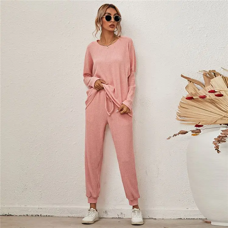 

PEARL 2021 Autumn New Arrival Sleepwear Set Solid Color Long Sleeve Loose Casual Pajamas Set Lounge Wear Women