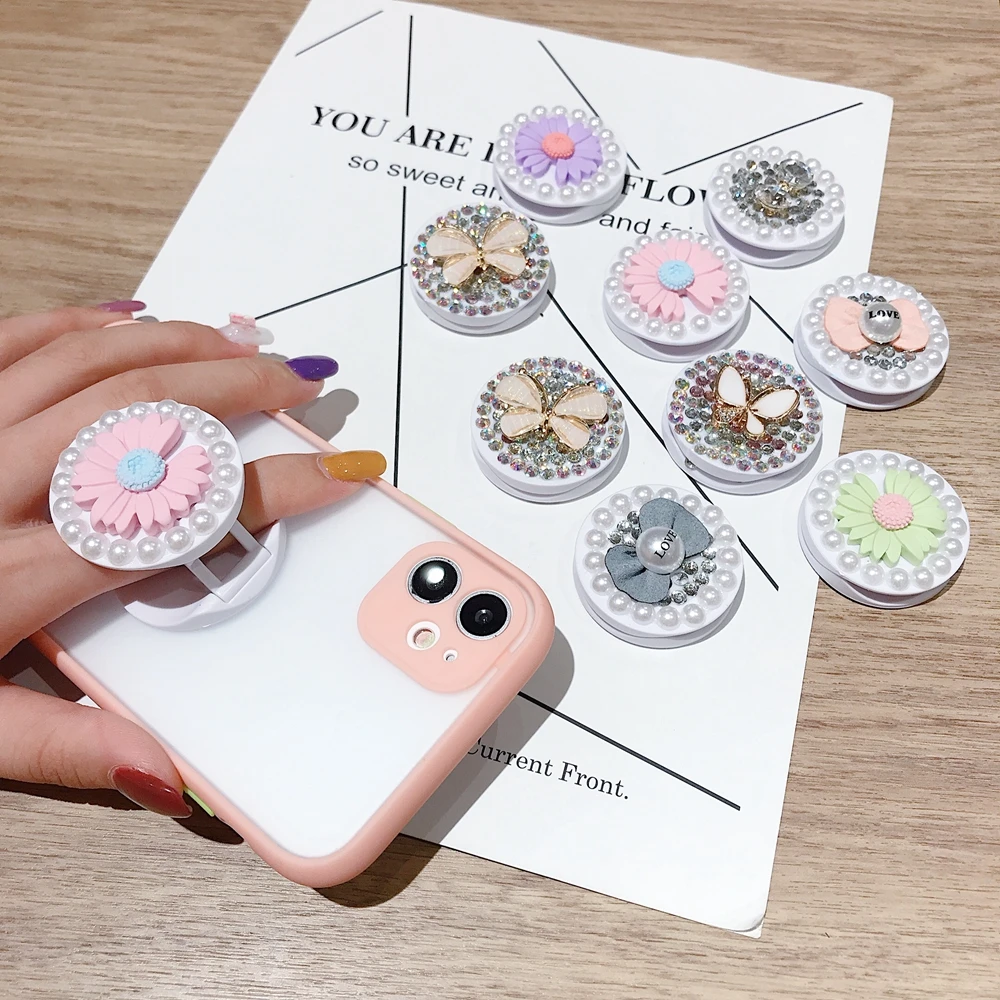 

Latest Girls Fashion Foldable Phone Stand Jewelry Butterfly Diamond Mobile Phones Holder Bowknot Flowers Universal for Tiktok