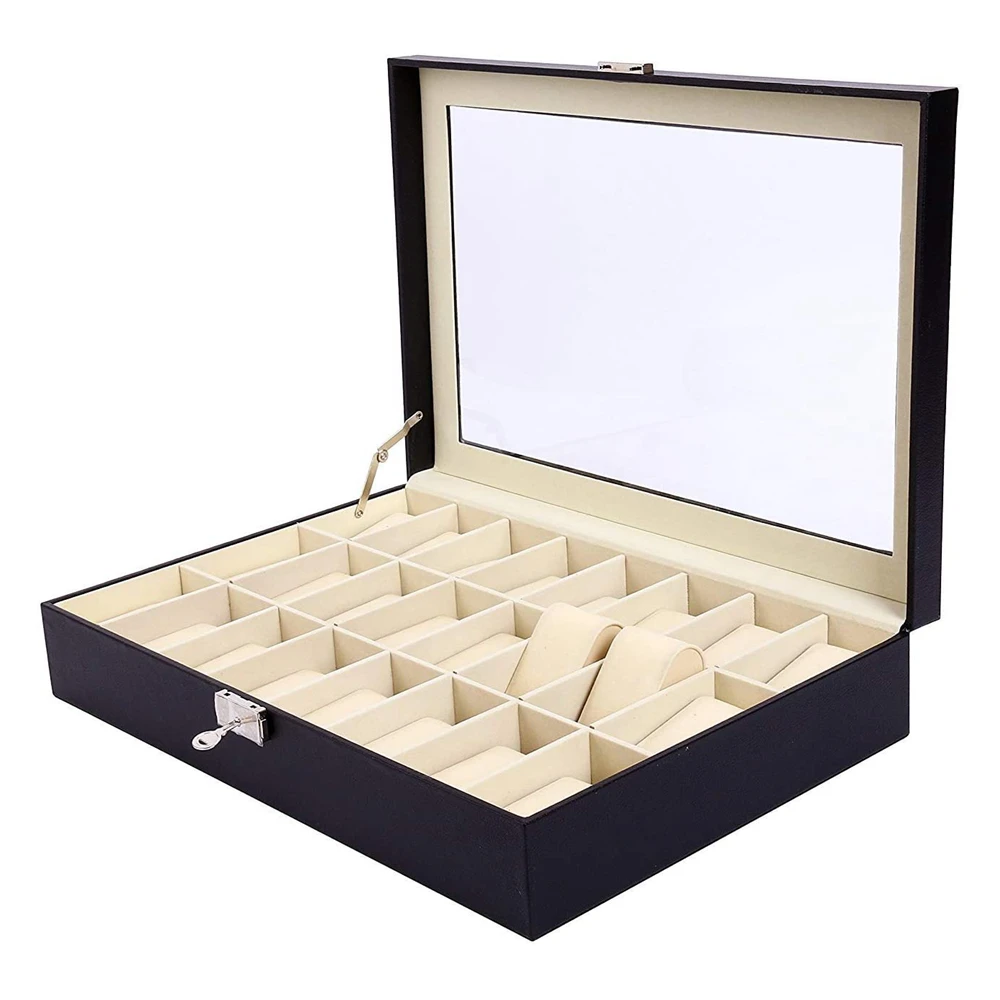 

Watch Storage Box 24 Slots Men Black PU Leather Watch Organizer With Clear Top
