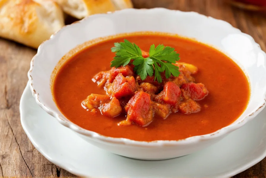 Finished stuffed pepper soup in white bowl with garnish of fresh parsley and side of crusty bread