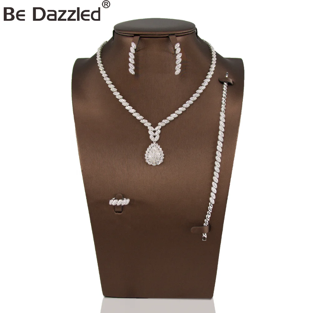 

New Fashion Women Bridal Wedding Jewelry zirconia Necklace Four pieces Silver Sets