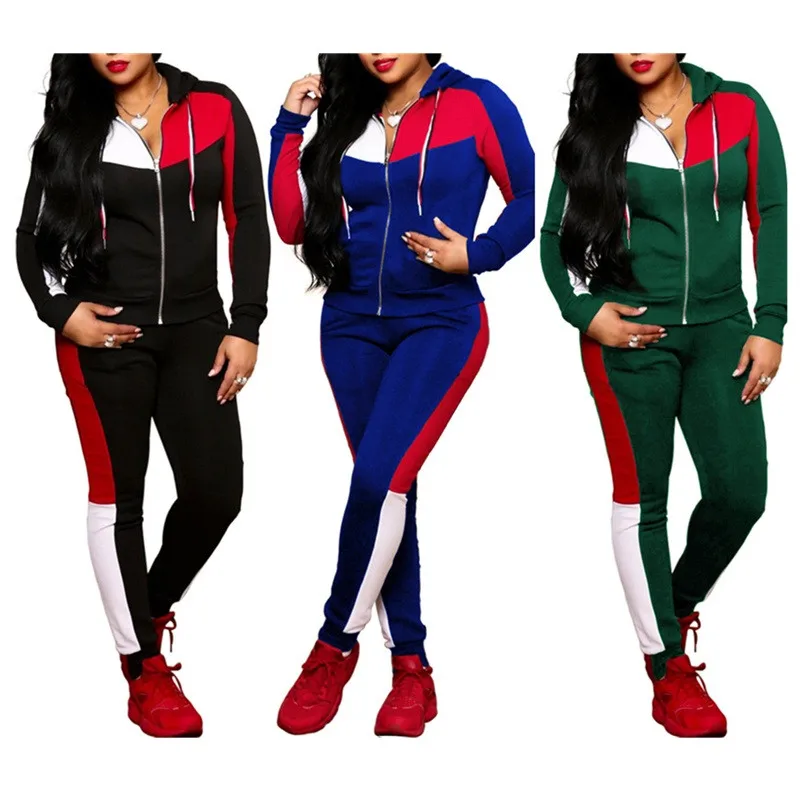 

Custom Women 2 Pieces Sets Sportswear Multi Color Stitching Sweat Suit For Women Tracksuit, Black, blue, green