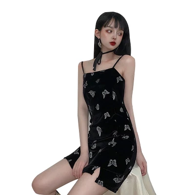 

wholesale Fashion new design butterfly full print sexy strap backless sleeveless Camisole bodycon summer black mini dress