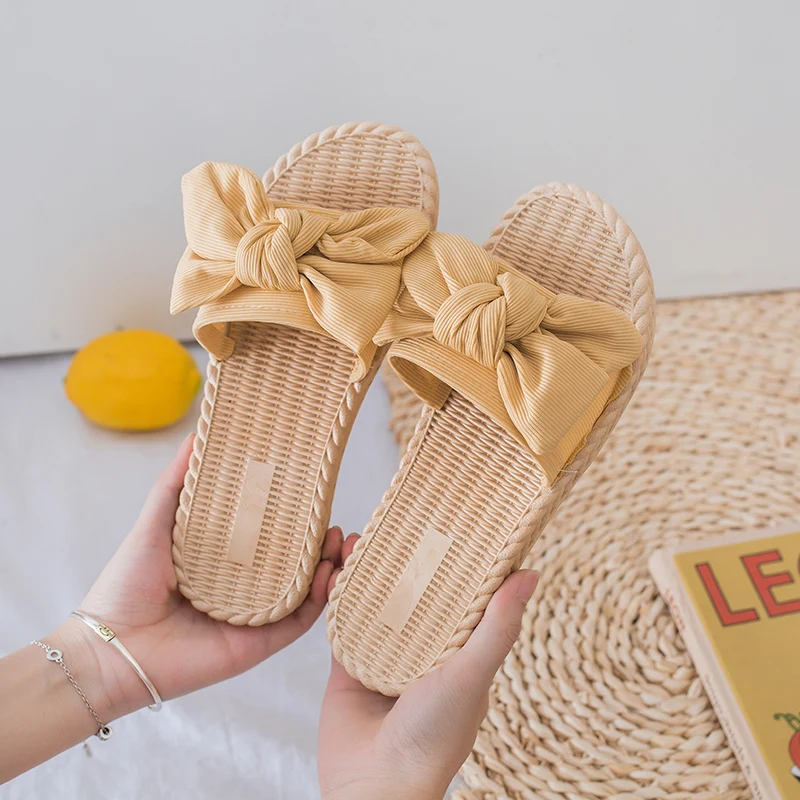 

Candy color bow women slippers outdoor fashion flat sandals, White black