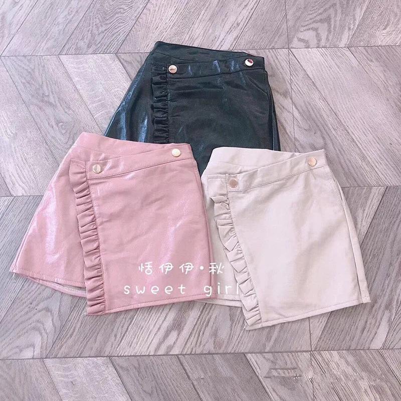 Spring Autumn girls PU skirt baby a line skirt kids skirt children streetwear irregular elegant ruched faux leather