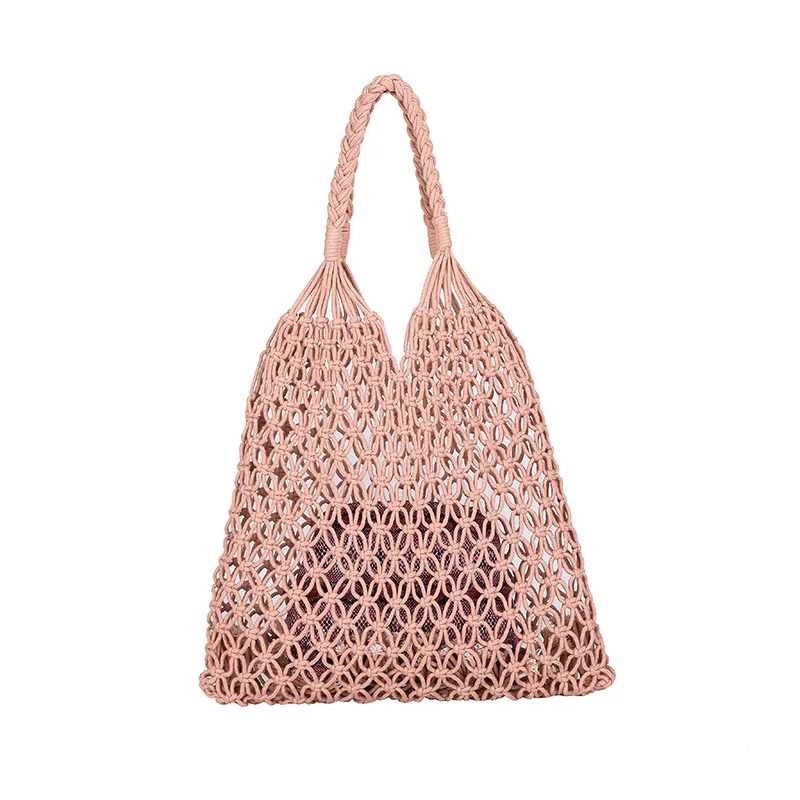 

Chiyo Wholesale fashion hollow out straw weave bag handmade cotton rope woven bag beach tote summer shoulder bag, Beige/black/pink