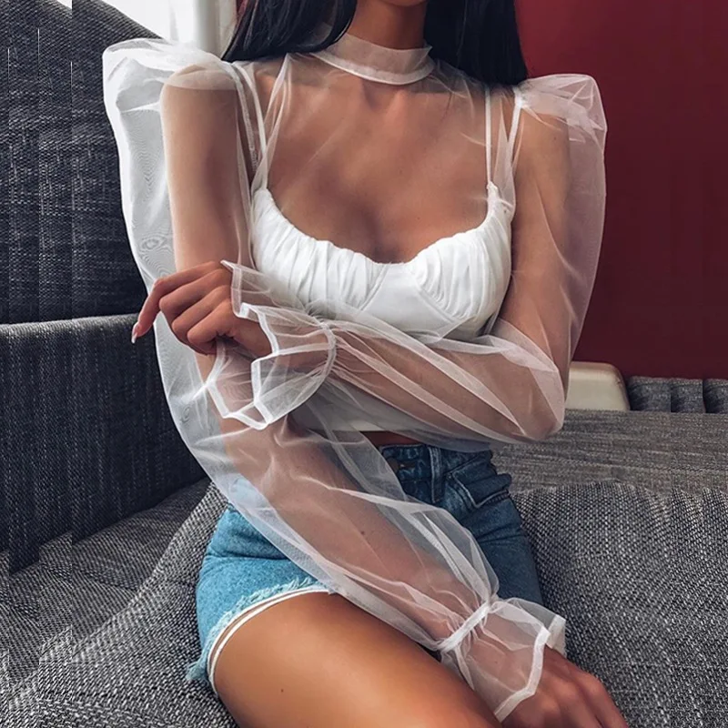 

Summer Mock Turtle Neck Organza See Through Pullover Ladies Blouse Top Sexy Long Puff Sleeve Mesh Shirt Womens Crop Tops 2021, White,black