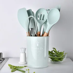 Image of 11 pieces Non-stick Wooden handle silicone kitchen accessories, silicone kitchen utensils, cooking tools set