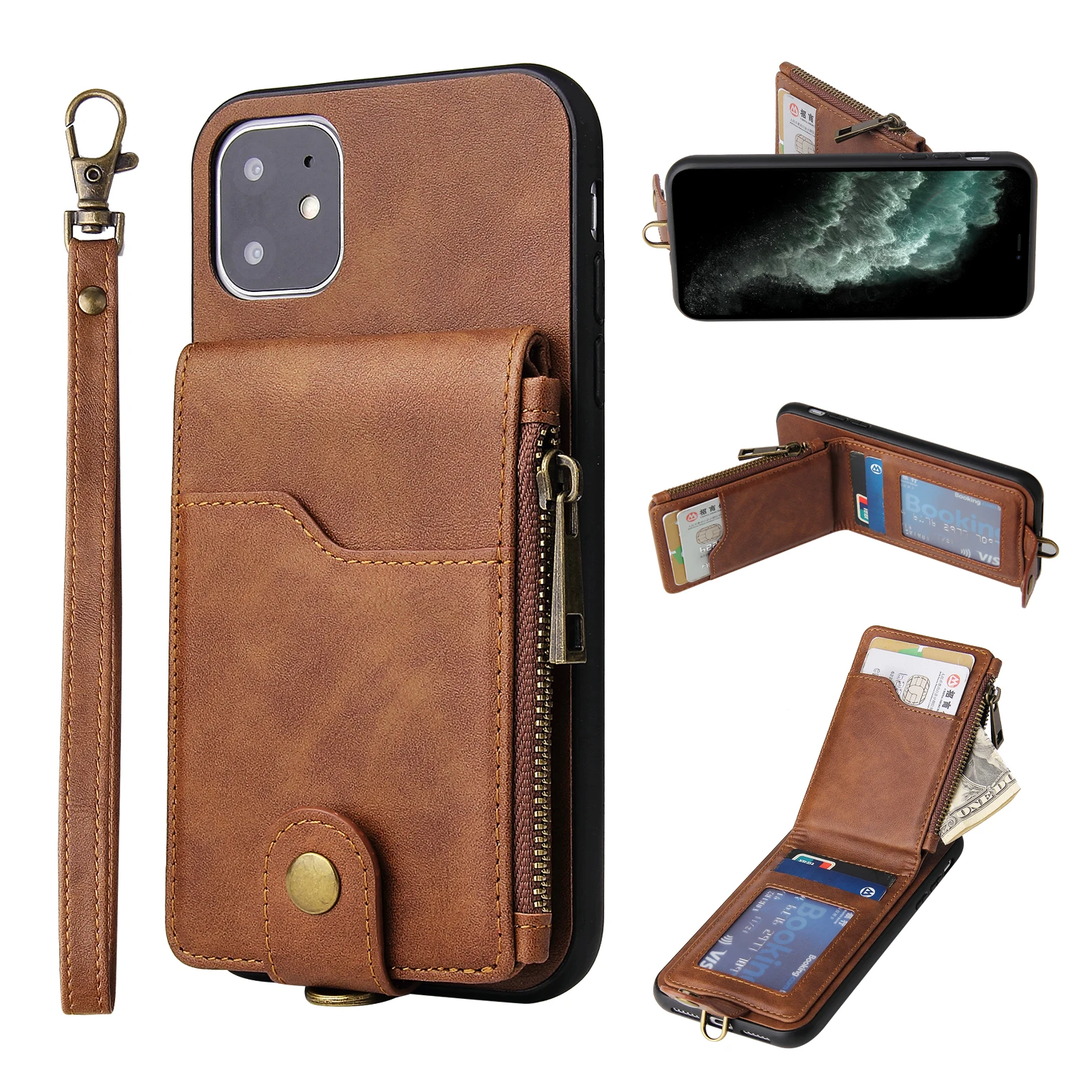 

Universal PU leather Smart Cell Phone Case with Zipper Coin pouch bag and card pocket fits Smart Phones, Black, red, brown, navy
